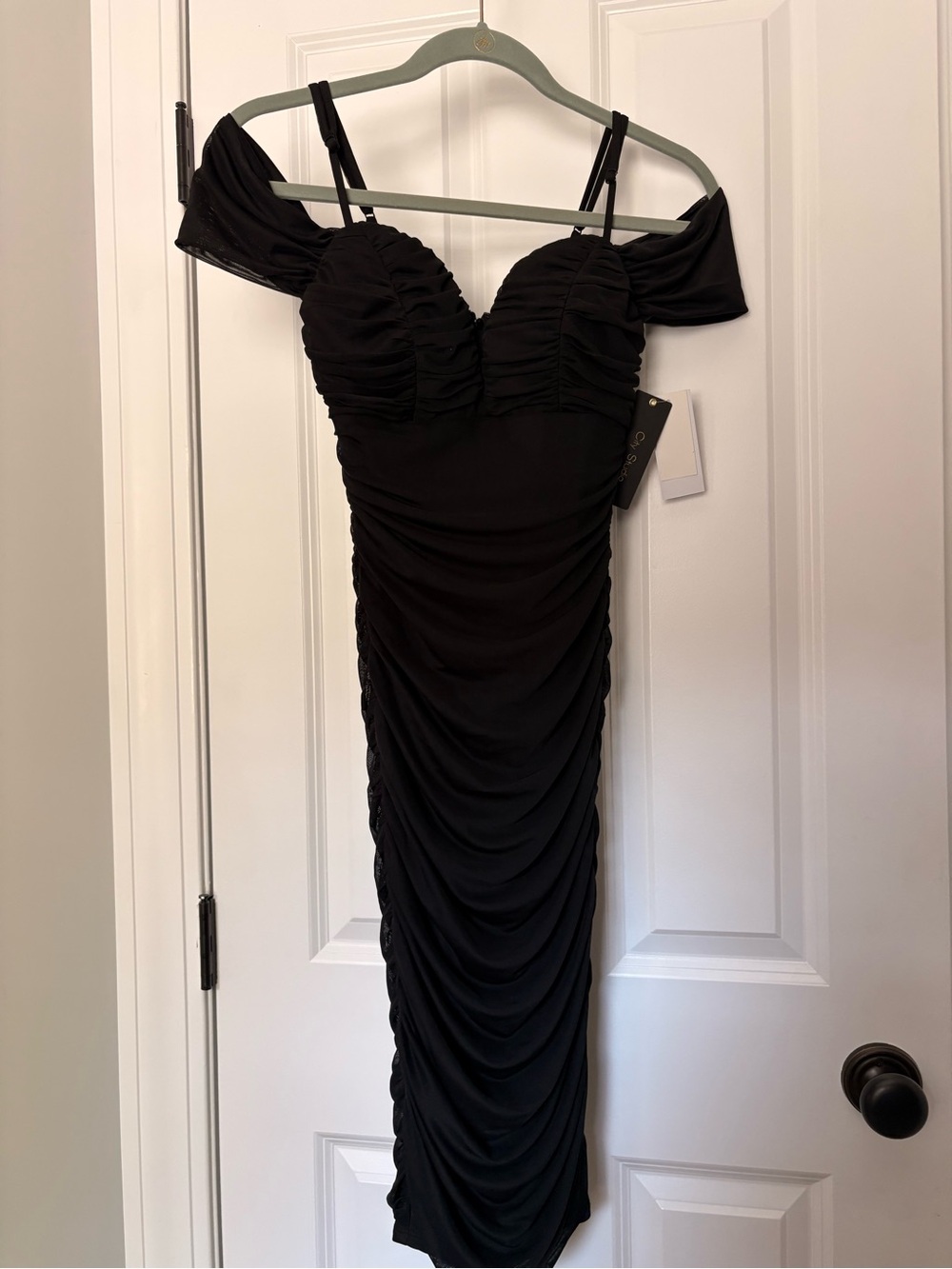 City Studio Black Off-Shoulder Ruched Midi Dress